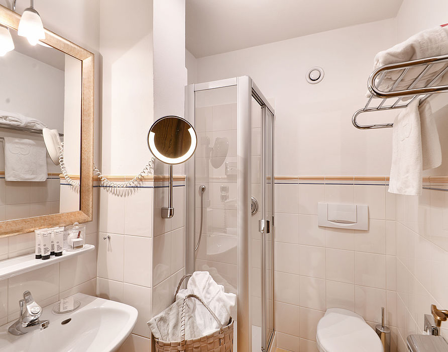 Badezimmer mit Dusche, Toilette, Waschbecken und Spiegel, sowie Handtücher